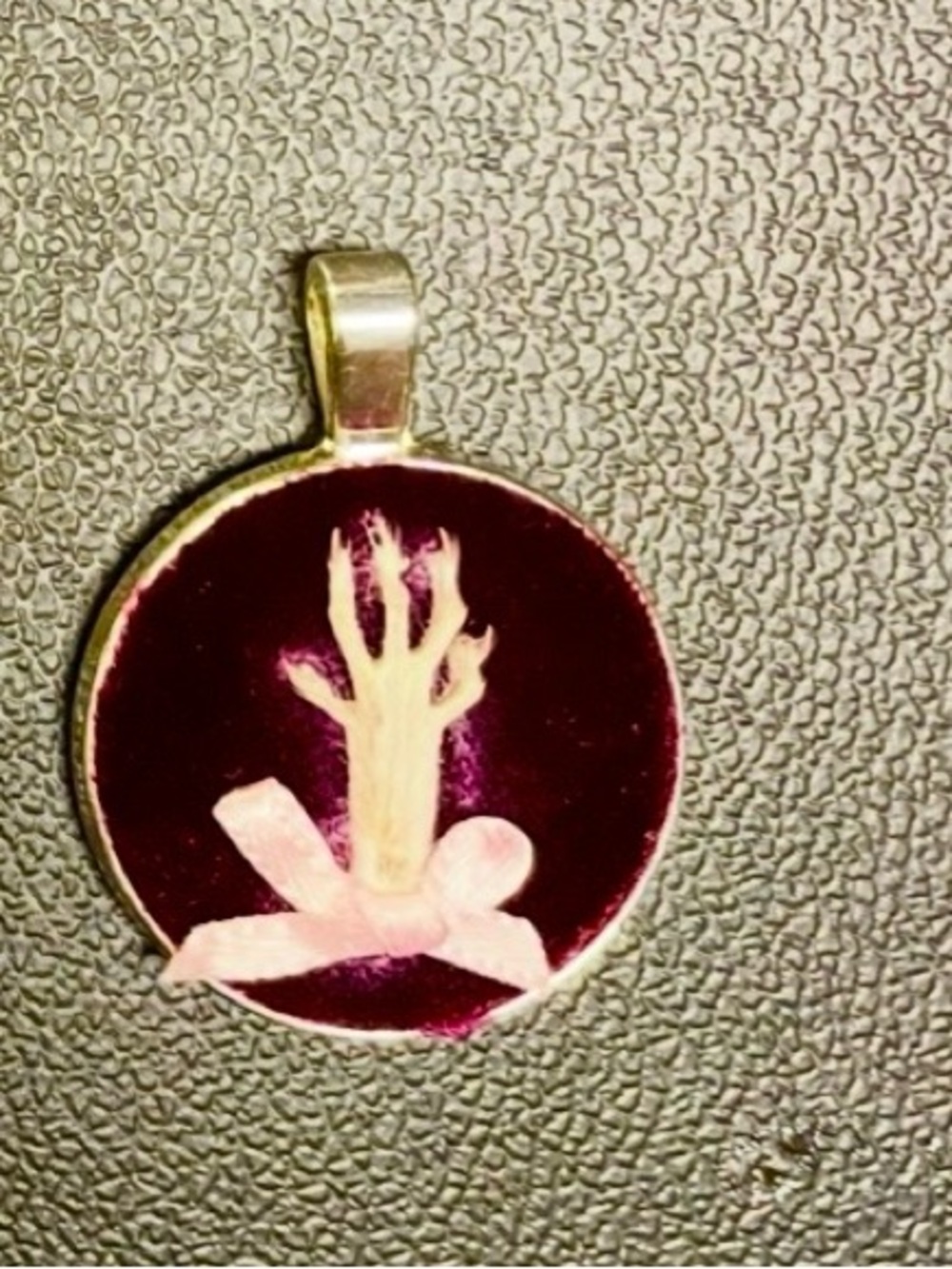 Handmade Silver Tone Mouse Paw Pendant With Red Velvet Pink Bow